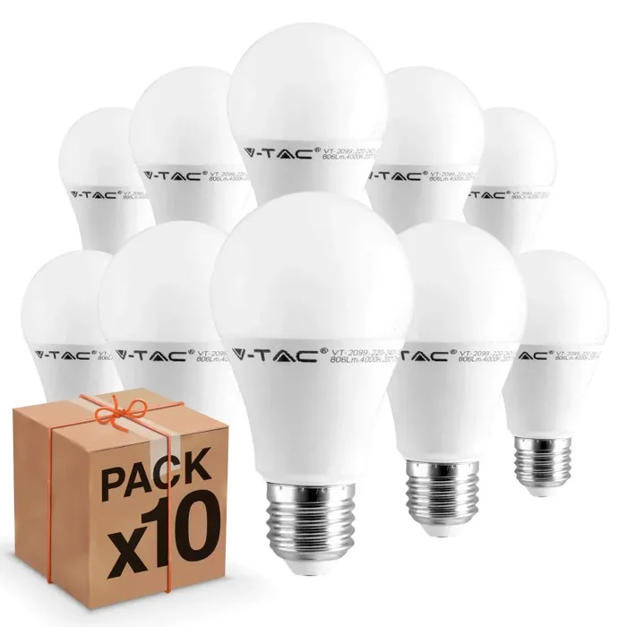 10 x Lampadine LED V-Tac E27 9W Bulbo A60-806 lumen – Bianco Naturale