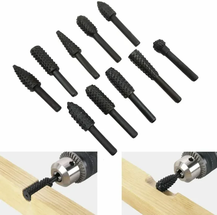 10 x Raspe rotative per fresa il legno, Attacco da 6 mm, Punte per trapano Nero