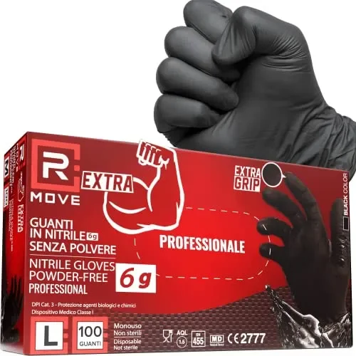 100 guanti in Nitrile NERI 6 grammi EXTRA RESISTENTI, 60% di SPESSORE in più al dito rispetto al 3,5 gr, NO polvere, NO lattice, per Meccanici, Tatuatori, Estetisti, Ristorazione, Guanti da lavoro (L)