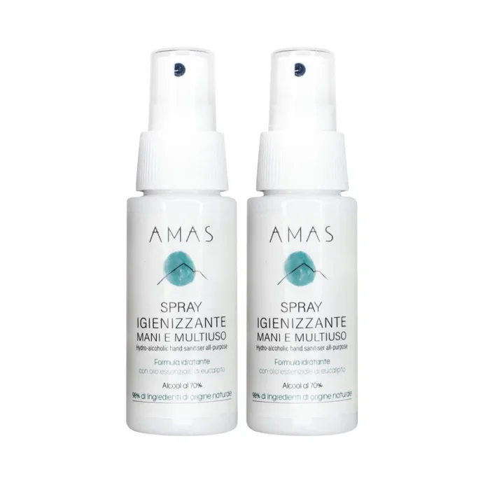 2 flaconi 50ml Spray Igienizzante Multiuso AMAS – Per Mani, Superfici e Tessuti – 98% Origine Naturale – 70% Alcool – Idratante, Emolliente, Dermoprotettivo – Con Olio Essenziale di Eucalipto