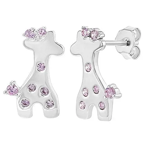 925 sterling Silver giraffa orecchini a perno per bambini ragazze rosa CZ