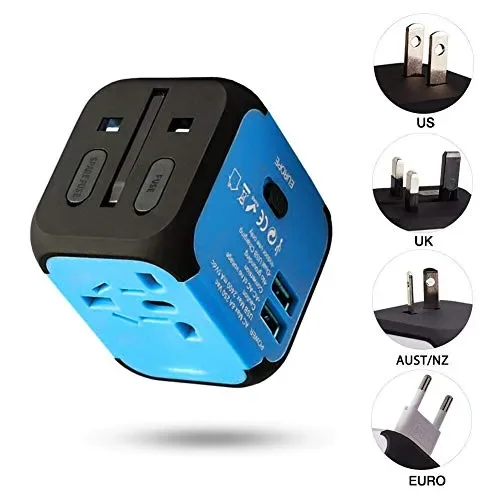 Adattatore da Viaggio con 2 USB 3.0 (US/EU/UK/AU) Azzurro/Blu