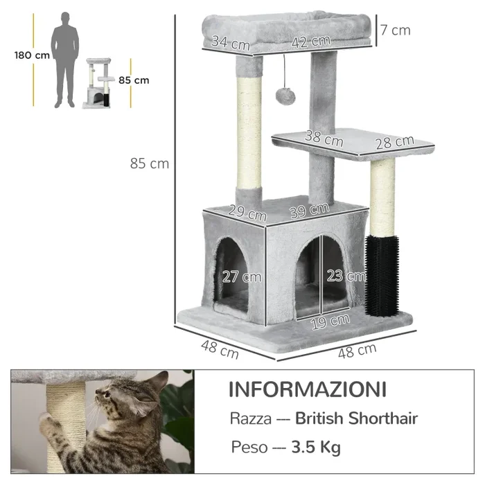 Albero Tiragraffi 48x48x85 cm Rivestimento in Peluche Grigio chiaro - immagine 3