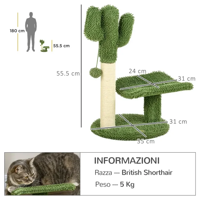 Albero Tiragraffi a Forma di Cactus 35x31x55,5 cm con Pallina Gioco Verde e Bianco - immagine 3