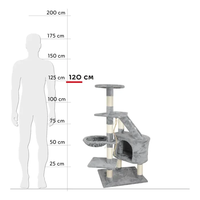 Albero Tiragraffi con Cuccia per Gatti H120 cm in Legno Sisal Naturale Rizzetti Grigio - immagine 3
