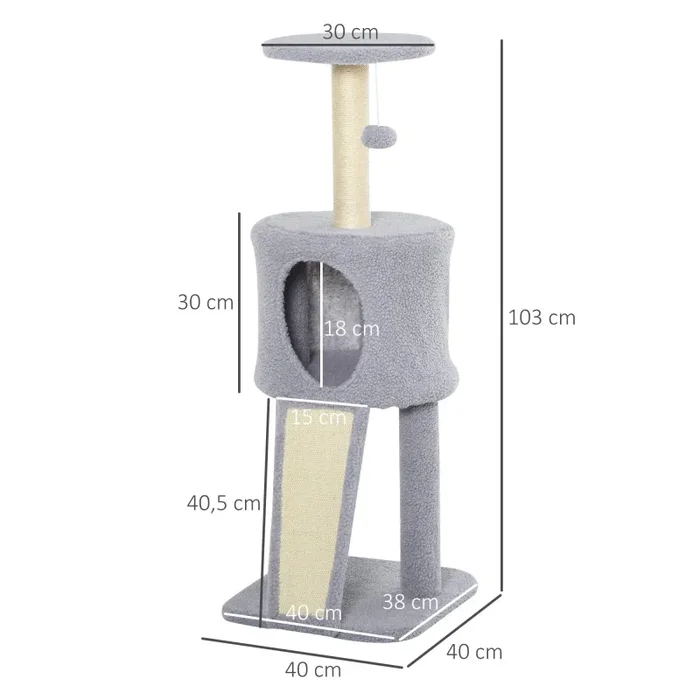 Albero Tiragraffi con Cuccia per Gatti in Legno Sisal 40x40x103 cm Grigio Chiaro - immagine 3