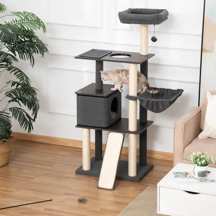 Albero Tiragraffi per Gatti 60x40x146 cm in Sisal con Casetta Lettino e Cuscini Grigio - immagine 2