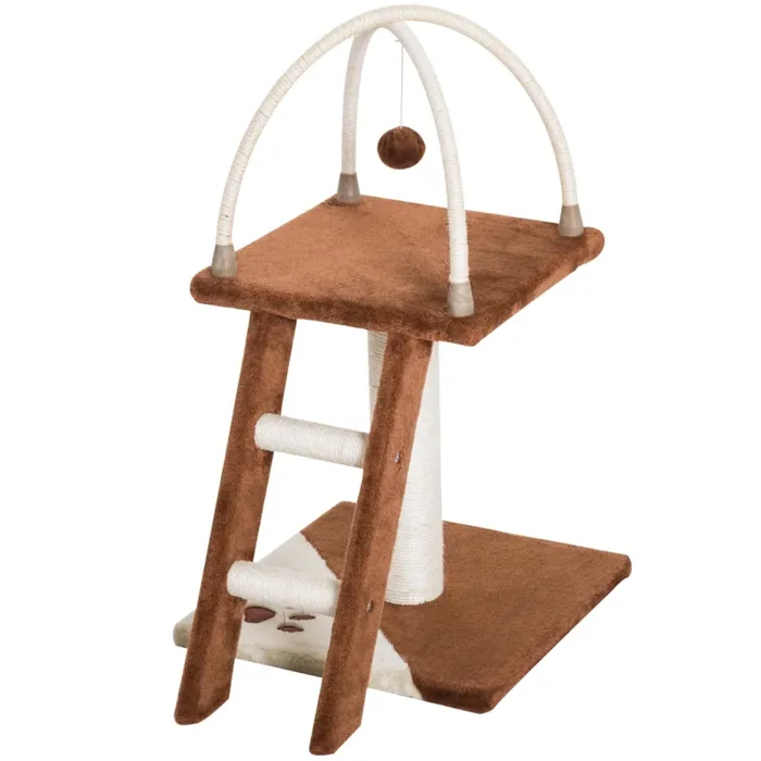 Albero Tiragraffi per Gatti con Scala e Palline in Legno Sisal Marrone e bianco 40x40x70 cm