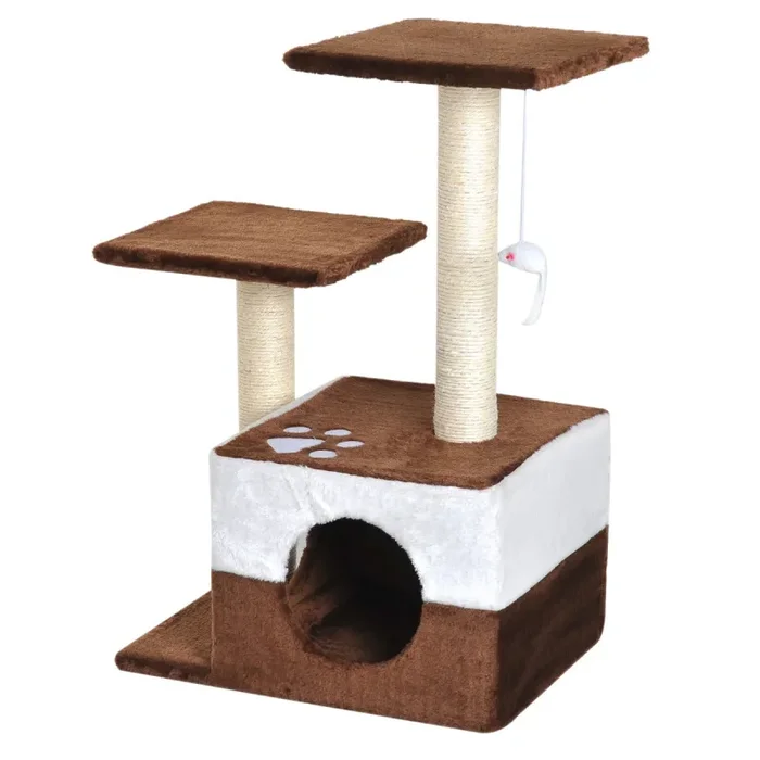 Albero Tiragraffi per Gatti con Topolino Appeso in Peluche Marrone 45x33x70 cm