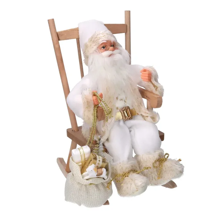 Babbo natale in tessuto su sedia bianco e oro cm xh30