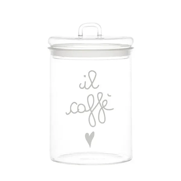 BARATTOLO IN VETRO BOROSILICATO CON SCRITTA ‘ IL CAFFE ‘ IN BIANCO SERIGRAFATA (d.12cm)