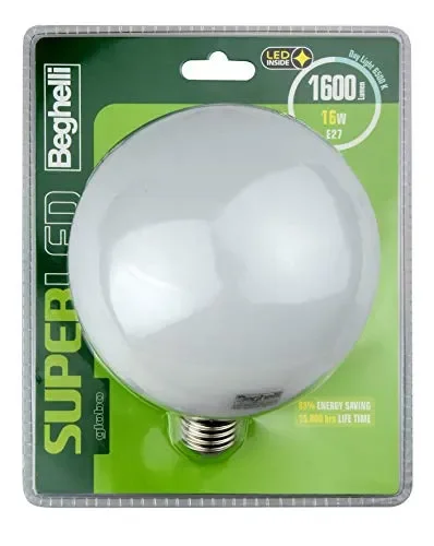 Beghelli Superled Globo Lampadina LED, E27, 16W, Luce Fredda, 6500°K, Bianca…