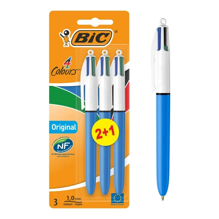 BIC 4Colori Original, Penne a Sfera a Scatto, Colorate, Punta Media (1 mm), Cancelleria Scuola e Ufficio, Set Penne 2+1 Unità