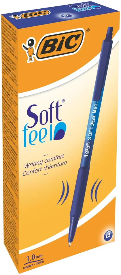 BIC Soft FeelClic Grip Penna a Sfera, a Scatto, Punta Media da 1,0mm, Confezione da 12 Pezzi, Colore Blu