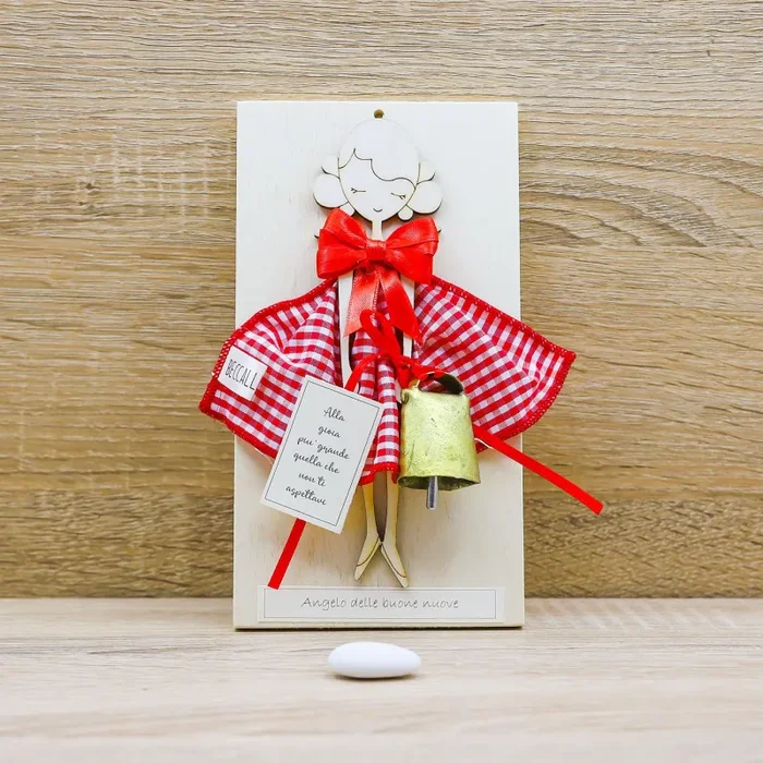 Bimba/Angelo delle Buone Nuove con Campana e Abito Quadri Rossi Beccalli Vendita calda