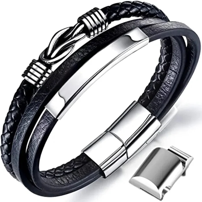 Bracciale da uomo in pelle nera con cinturino in pelle intrecciata in vera pelle larga con chiusura magnetica (cinturino in pelle con maglie extra)