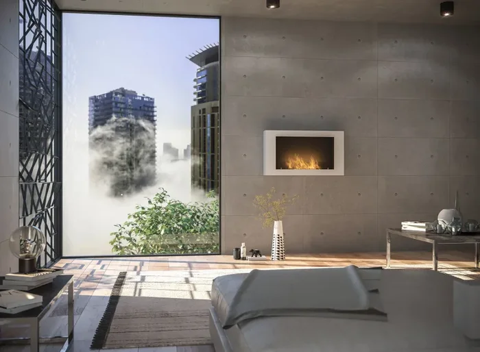 Camino a Bioetanolo da Parete 100×56 cm Murall 1000 Bianco con Vetro - immagine 2