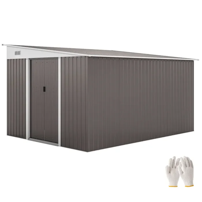 Casetta Box da Giardino Porta Attrezzi 345×280,5×169-201 cm con Porta Scorrevole in Acciaio Grigio