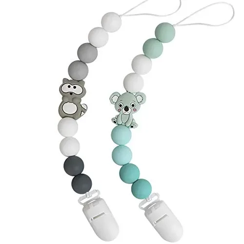 Catenella Portaciuccio Catena Bambino Ciuccio Clip Procione Grigio Verde