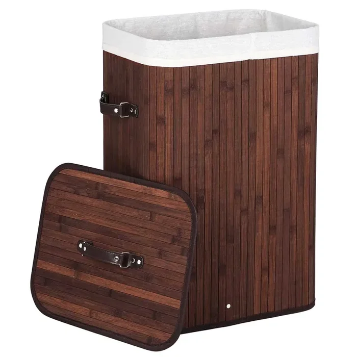 Cesto Biancheria Sporca Pieghevole in Bambu Tessuto Portabiancheria con Manici Marrone - immagine 2