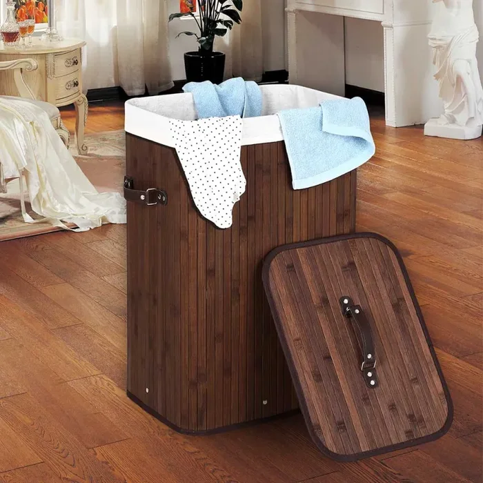 Cesto Biancheria Sporca Pieghevole in Bambu Tessuto Portabiancheria con Manici Marrone - immagine 3