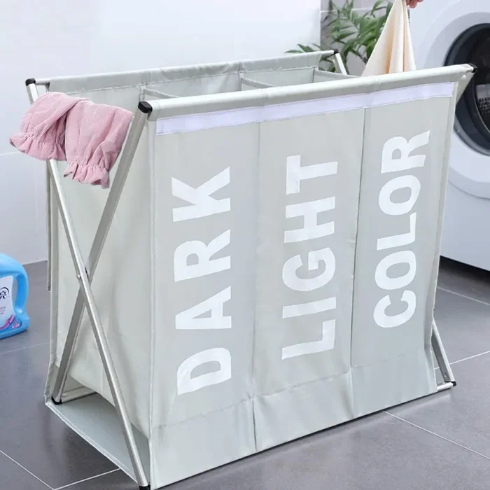 Cesto Portabiancheria 63x61x32 cm 3 Scomparti in Alluminio Grigio Chiaro Online ora - immagine 2