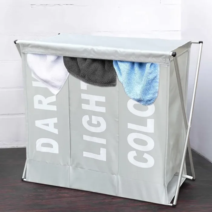 Cesto Portabiancheria 63x61x32 cm 3 Scomparti in Alluminio Grigio Chiaro Online ora - immagine 3