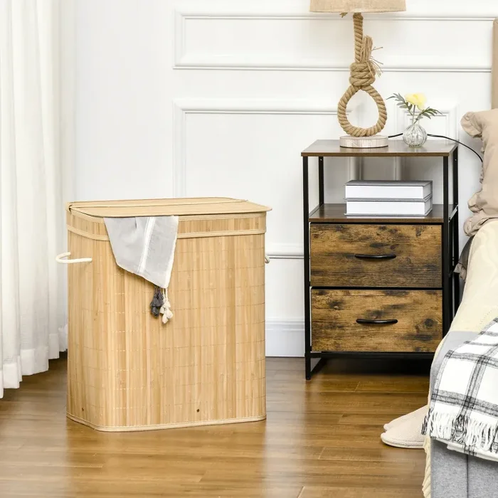 Cesto Portabiancheria da 90L Pieghevole con 2 Scomparti 54,2×35,2×59,5 cm in Bambù - immagine 2