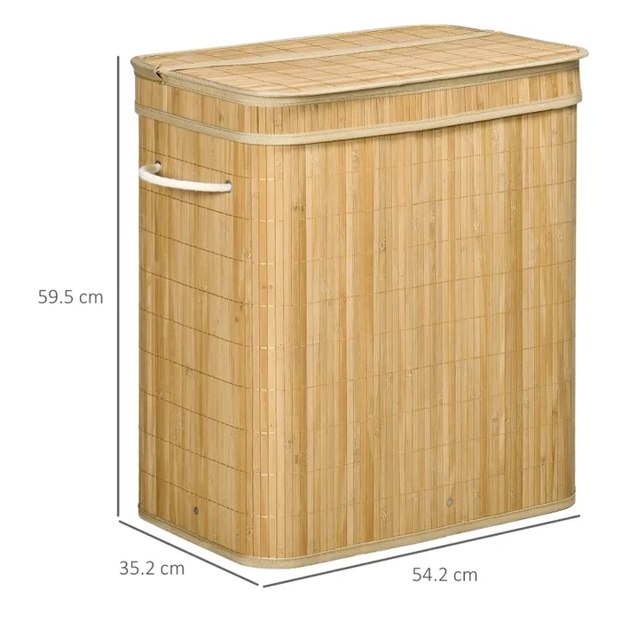 Cesto Portabiancheria da 90L Pieghevole con 2 Scomparti 54,2×35,2×59,5 cm in Bambù - immagine 3