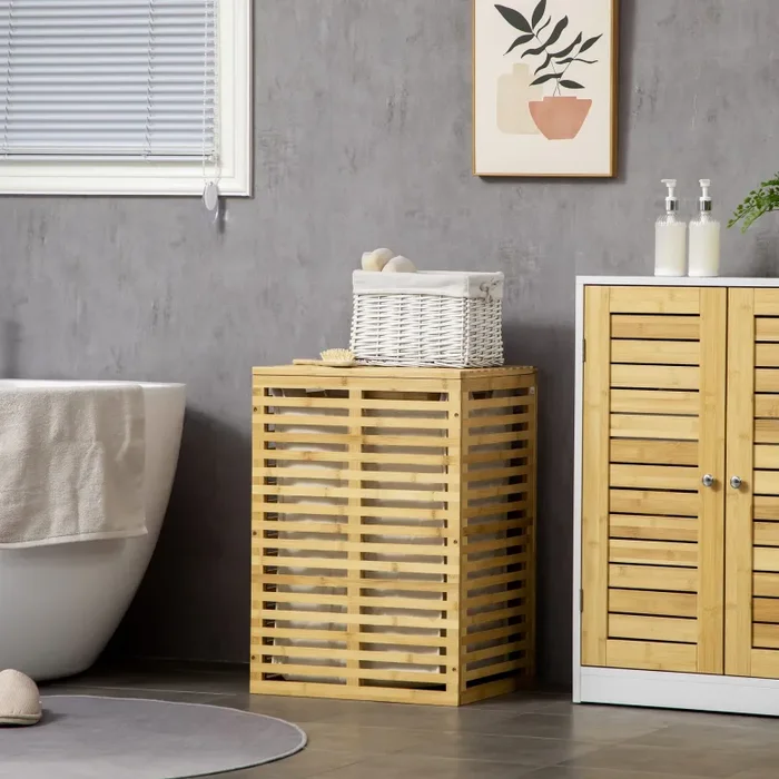Cesto Portabiancheria in Bambù 44x37x62,5 cm con Coperchio e Sacca in Poliestere Rimovibile - immagine 2