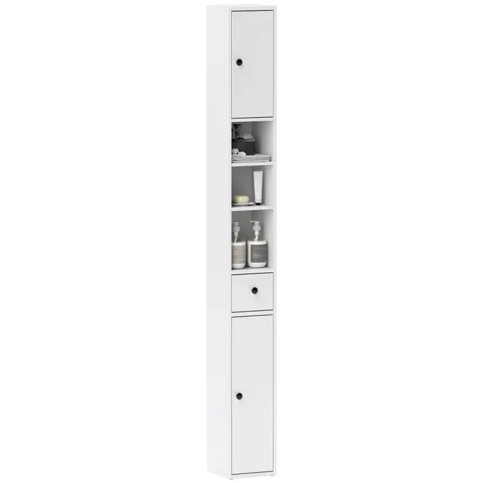 Colonna Bagno Salvaspazio 20x20x178 cm con Armadietti Ripiani Aperti e Cassetto in Legno Bianco Saldi