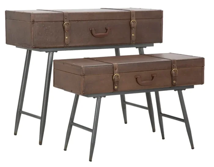 Console Travel Coppia con Contenitore 90x40x78,5-80x35x53,5 cm Legno e Ferro e PU Marrone In saldo
