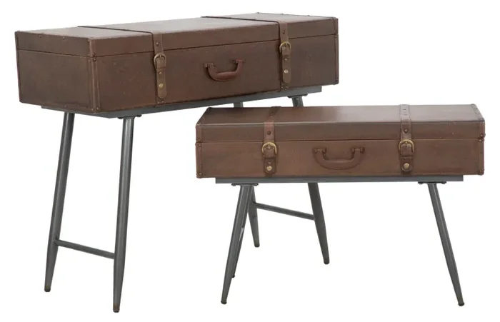 Console Travel Coppia con Contenitore 90x40x78,5-80x35x53,5 cm Legno e Ferro e PU Marrone In saldo - immagine 2