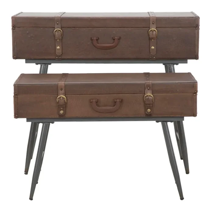 Console Travel Coppia con Contenitore 90x40x78,5-80x35x53,5 cm Legno e Ferro e PU Marrone In saldo - immagine 3