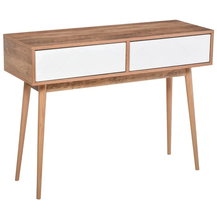 Consolle Ingresso 2 Cassetti 100x35x75 cm in Legno Bianco e Teak Moda