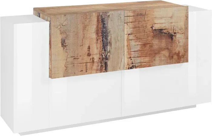 Credenza 2+2 Ante Battenti 160x86x45 cm New Coro Bianco Lucido e Acero Pereira