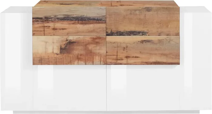 Credenza 2 Ante Battenti e 4 Cassetti 160x86x45 cm New Coro Bianco Lucido e Acero Pereira