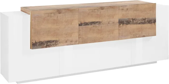Credenza 3+2 Ante e 2 Cassetti 220x86x45 cm New Coro Bianco Lucido e Acero Pereira
