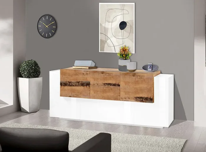 Credenza 3+2 Ante e 2 Cassetti 220x86x45 cm New Coro Bianco Lucido e Acero Pereira - immagine 2