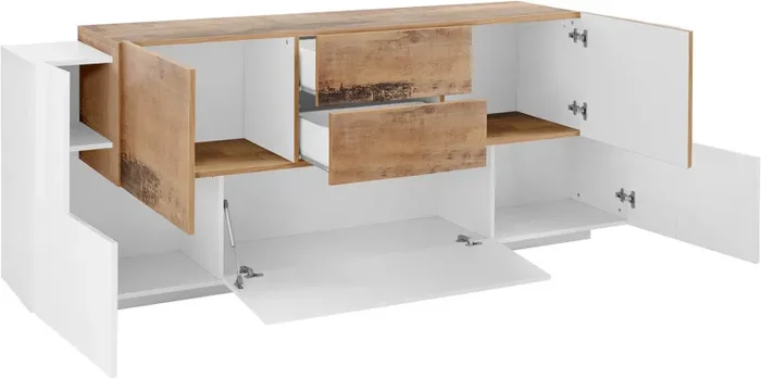 Credenza 3+2 Ante e 2 Cassetti 220x86x45 cm New Coro Bianco Lucido e Acero Pereira - immagine 3