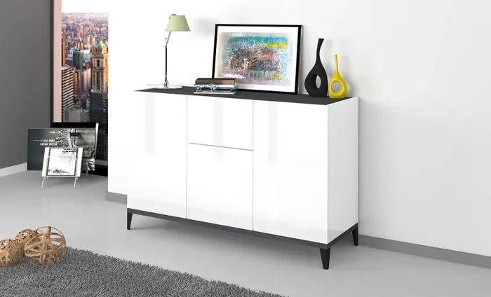 Credenza 3 Ante + 1 cassetto 120x40x82 cm Sunrise Bianco Lucido e Ardesia - immagine 2