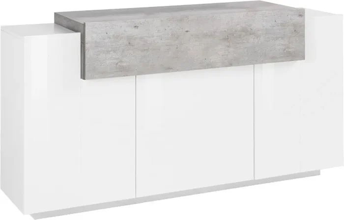 Credenza 3 Ante Battenti + 1 Anta a Ribalta 160x45x85,5 cm Coro Bianco Lucido e Cemento