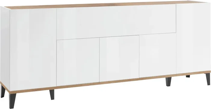 Credenza 4 Ante + 1 Anta Ribalta 200x40x82 cm Sunrise Bianco Lucido e Acero Pereira