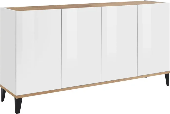 Credenza 4 Ante 160x40x82 cm Sunrise Bianco Lucido e Acero Pereira