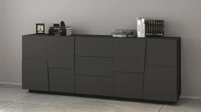 Credenza 4 Ante 3 Cassetti 220x44x86 cm Pongo 4A 3C Grigio Antracite Opaco Moda