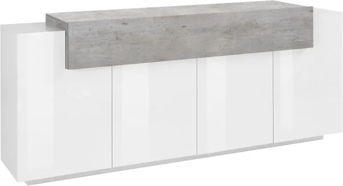 Credenza 4 Ante Battenti + 1 Anta a Ribalta 200x45x85,5 cm Coro Bianco Lucido e Cemento