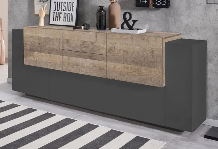 Credenza 5 Ante e 2 Cassetti 220x45x86 cm Coro Grigio Antracite Opaco/Rovere Wotan