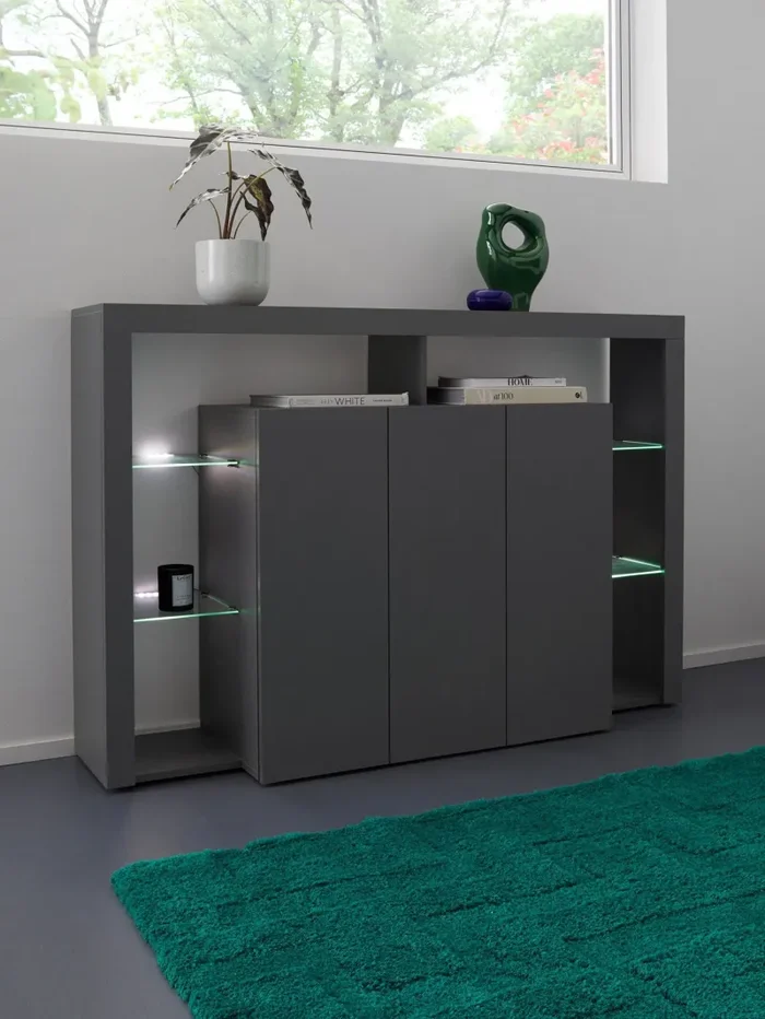 Credenza con 3 Ante e Ripiani in Vetro a Giorno 150x40x100 cm Essential 3A Grigio Antracite Opaco