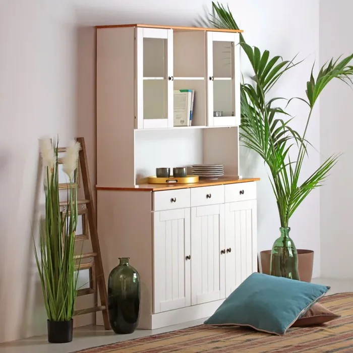 Credenza con vetrinetta 5 ante e 3 cassetti 128×197 cm 128,4x43x197 cm in legno bianco/noce - immagine 2