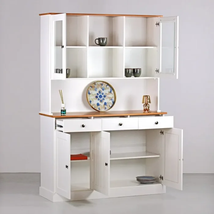 Credenza con vetrinetta 5 ante e 3 cassetti 128×197 cm 128,4x43x197 cm in legno bianco/noce - immagine 3